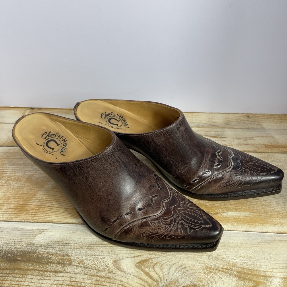 Charlie 1 Horse by Lucchese Leather Mules Women's 7B Brown Tooled Slip-On